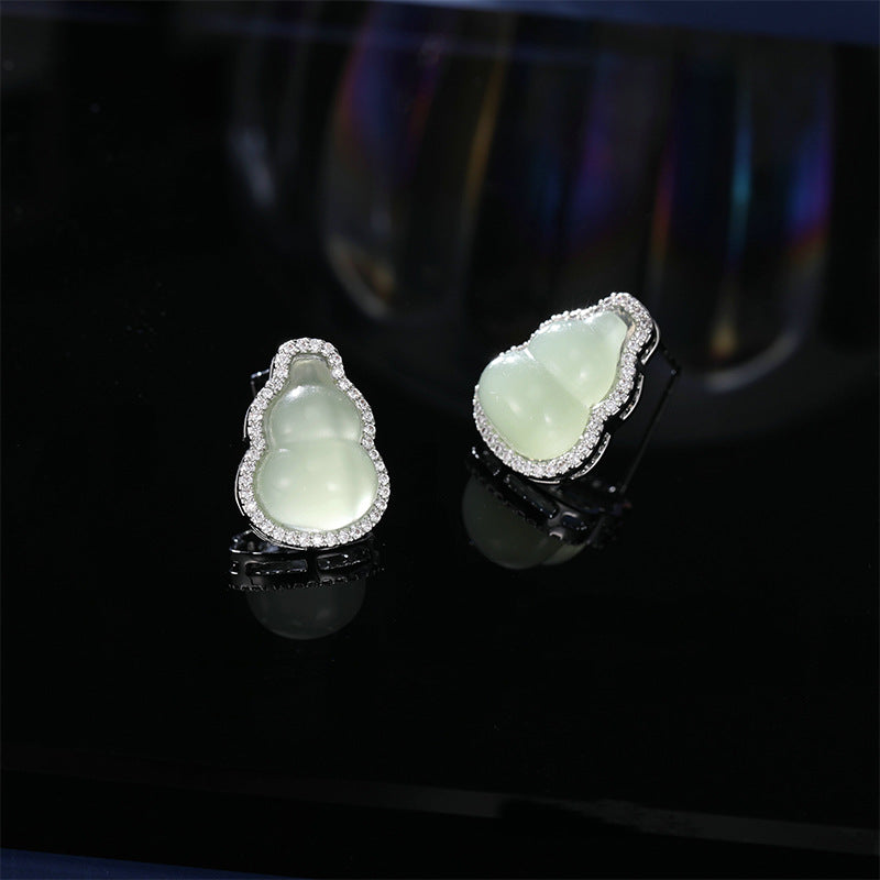 2025 Guofeng new Chinese imitation jade gourd Fulu stud earrings niche high-end micro-inlaid earrings open ring bracelet set