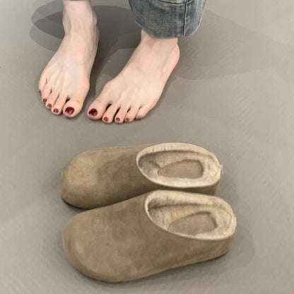 2025  Thick-bottomed small Mori girl retro big head ugly cute warm velvet bag head Birkenstock half slippers