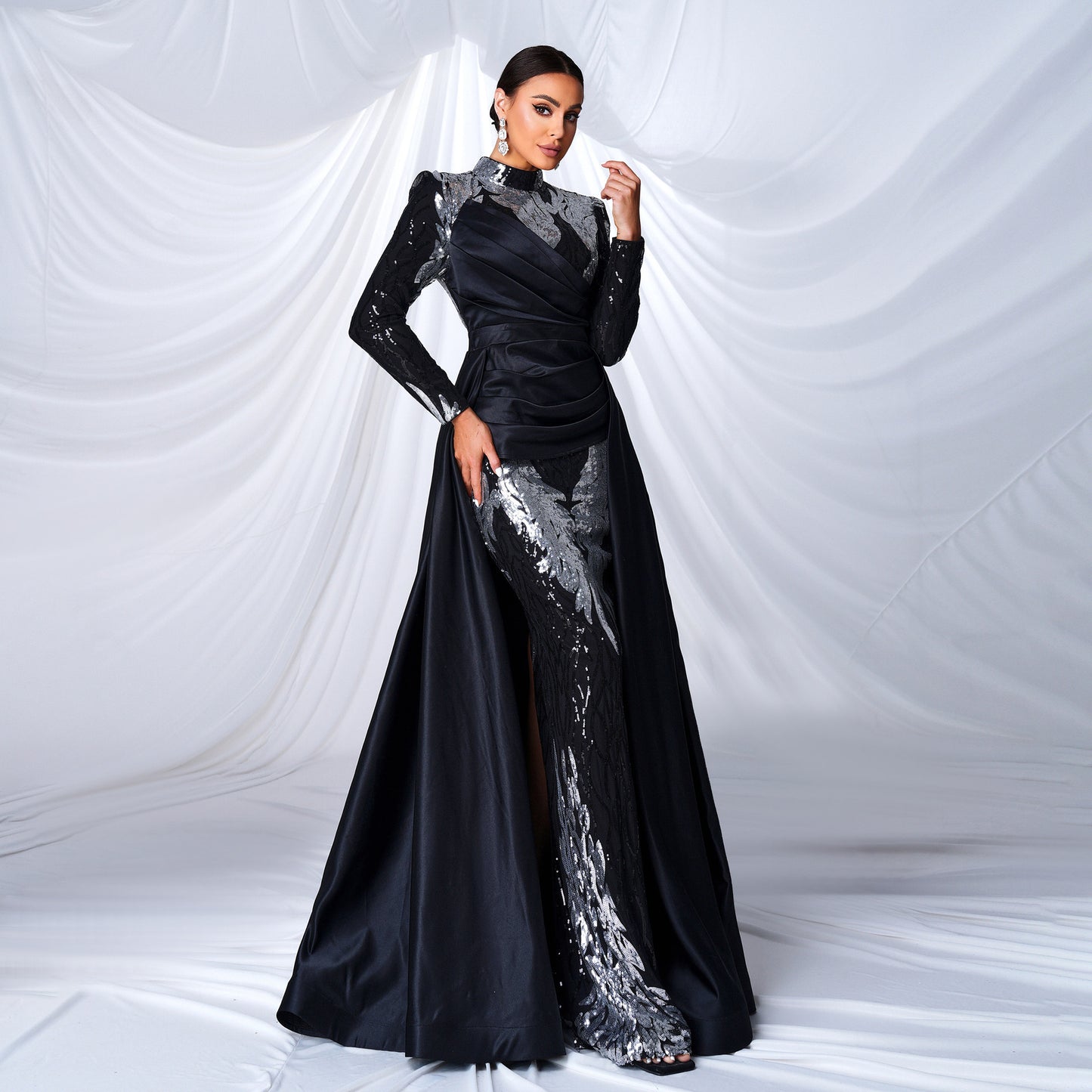 r 2025 high-end long-sleeved temperament round neck long sequined banquet fishtail evening dress bridesmaid dress women