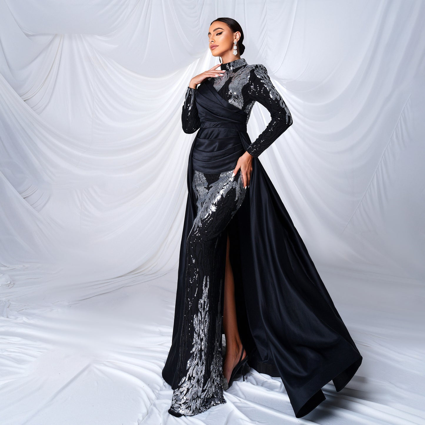r 2025 high-end long-sleeved temperament round neck long sequined banquet fishtail evening dress bridesmaid dress women