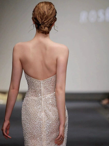 Fishtail tube top evening dress niche light luxury high-end sequin dress temperament celebrity style sexy trailing veil