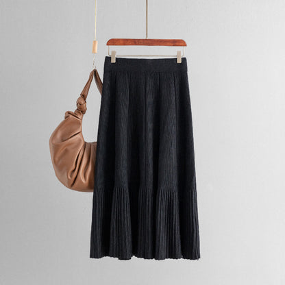 ZllKl Hot trade New Korean version of solid color knitted skirt, fashionable, simple and versatile, high waist and thin pleated skirt, medium and long women