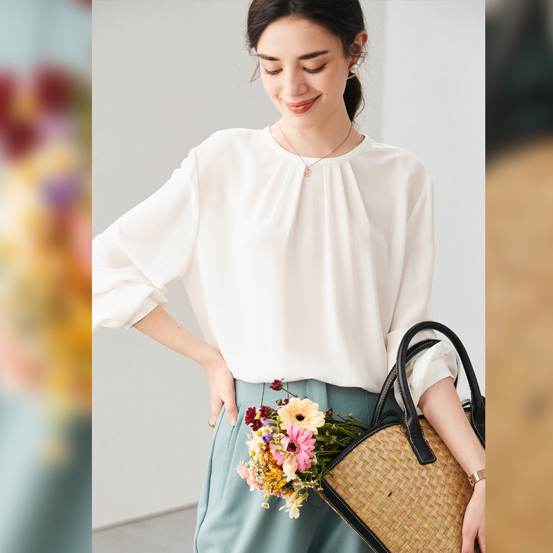 Silk shirt women's popular spring and summer sand wash 100% mulberry silk loose design top niche white shirt