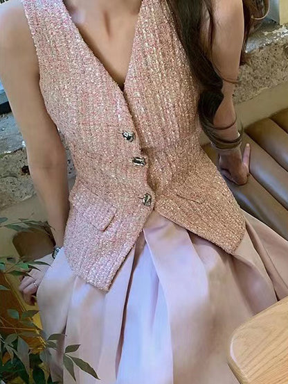 2025 Spot popular summer new fresh two-piece set collectible small fragrant top vest + skirt set