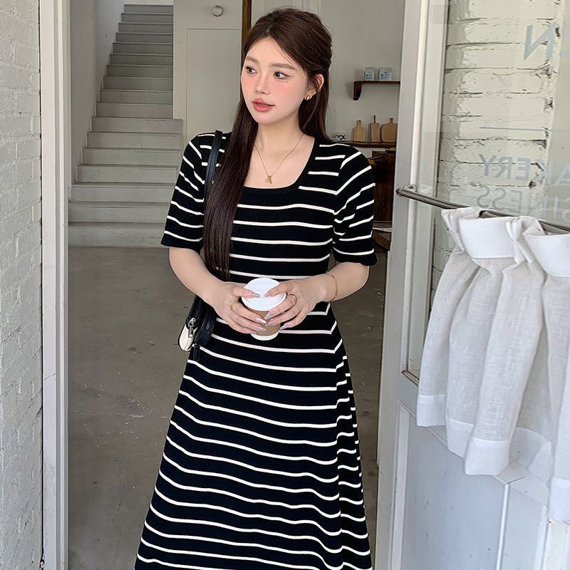 ZllKl  100.00kg plus Size Women's Clothing Square Collar Short Sleeve T-shirt Skirt  Summer Plump Girls Slimming Stripes Knitted Dress 22301