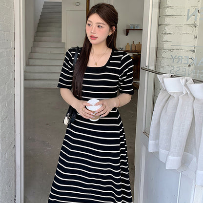 ZllKl  100.00kg plus Size Women's Clothing Square Collar Short Sleeve T-shirt Skirt  Summer Plump Girls Slimming Stripes Knitted Dress 22301