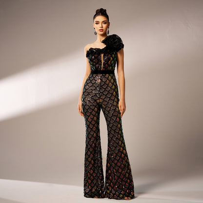r 2025 new high-end one-shoulder diagonal collar banquet sequined slim-fit evening dress bridesmaid dress jumpsuit women