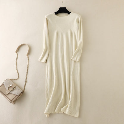 ZllKl Knitted primer dress for women's inner wear, autumn and winter New new round neck medium and long temperament over the knee sweater long dress