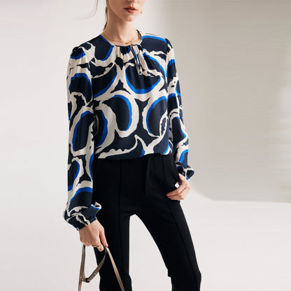 Silk shirt women's  spring and summer new double crepe printing round neck pullover commuter printing 100% mulberry silk top