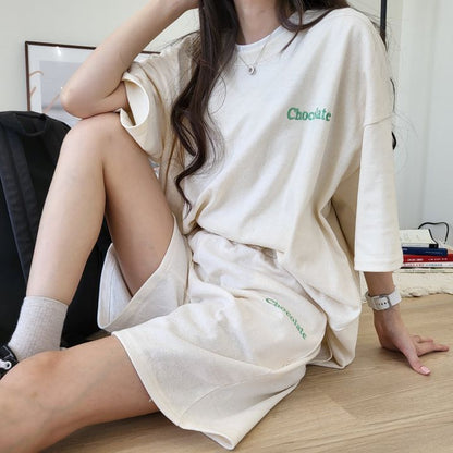 ZllKl 100% Short Sleeve Shorts Set Women's Two-piece Set Loose Summer Grey Casual Sportswear Set Korean Cotton