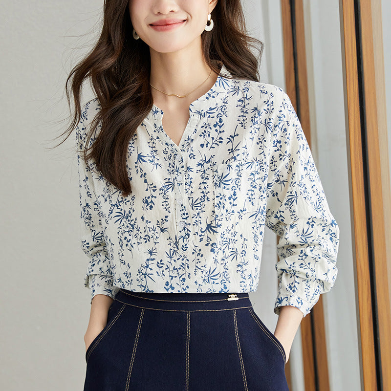 direct sales new Chinese style national style shirt women's pure cotton long-sleeved shirt women's new Chinese V-neck loose top women