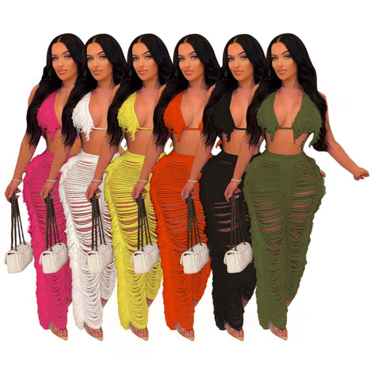 2025 supply New  women's clothing Solid color bikini fringed knitted beach pants suit Sexy and fresh