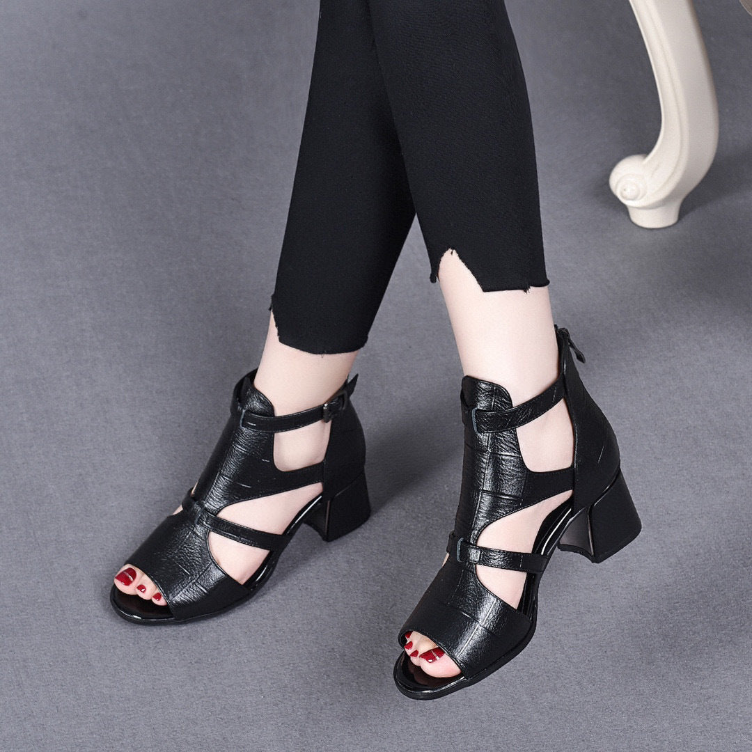 ZllKl  Women's High Heel Sandals  Summer European and American Style Top Layer Cowhide Fish Mouth Chunky Heel Roman Fashion Shoes Back Zipper Sandal Boots