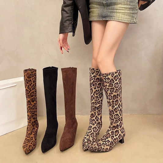 2025  Suede boots autumn and winter velvet popular new imperial sister wind pointed head high heel rear zipper medium long tube thin boots