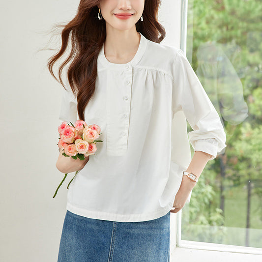 direct sales pure cotton shirt women's handmade pinch pleated pullover top round neck long sleeve shirt commuter loose top