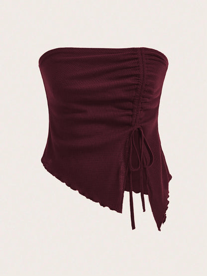 Cross-border  women's clothing popular autumn and winter new drawstring split irregular waffle slim tube top