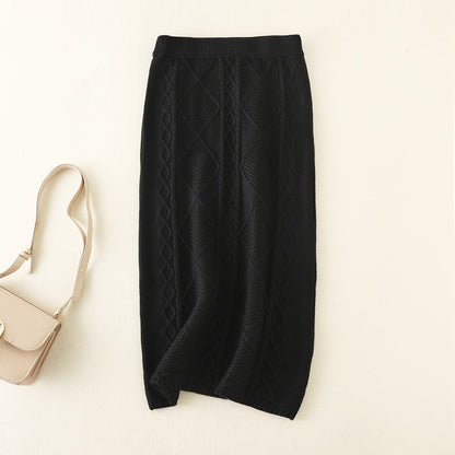 ZllKl Autumn and winter thickened wool knitted skirt women's New new twist medium and long straight hip wrap one-step skirt