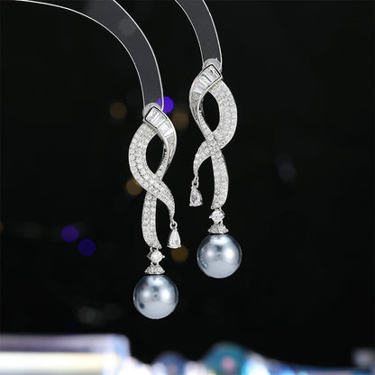 2025 High sense versatile fashion earrings women's simple temperament long zircon geometric pearl earrings s925 silver needle accessories