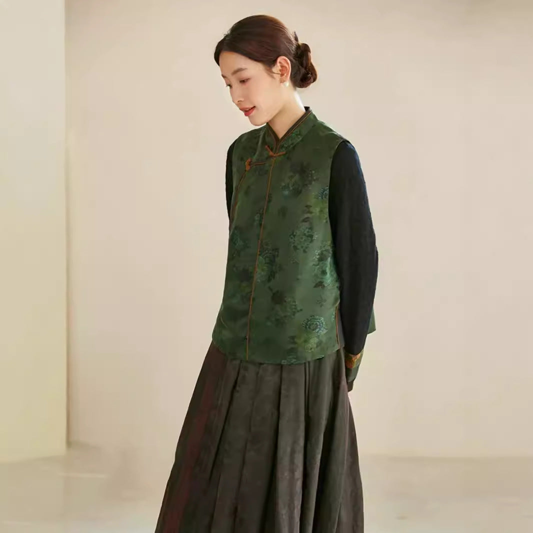 2025 New Chinese vest female autumn, green jacquard edge Chinese stand-up collar vest female B0743