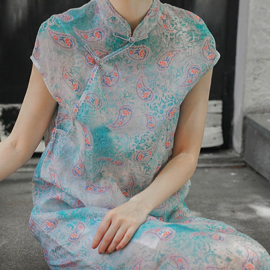 new Chinese style lace ramie cheongsam, fresh printing slim and thin dress L2206