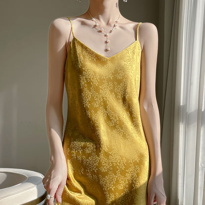Summer New Acetate Sling Dress Women's Outer Wear V-neck Silk Printed Temperament Slim Looking Base Sexy Dress