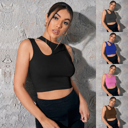 popular Spring and Summer  Women's Sleeveless Sports Vest Slim-fit Super Short Sexy Hollow Crew Neck Solid Color Top