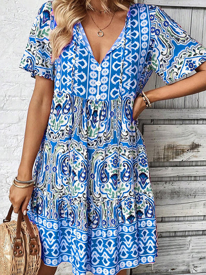 Zllk  European and American  Cross-Border Summer New V-neck Dress Fashion Loose Bohemian Printed Short Skirt