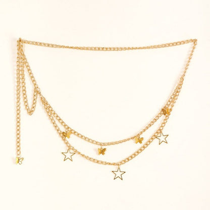 FB3331 2025 waist chain hollow pentagram alloy butterfly pendant wave fringe pendulum chain waist chain