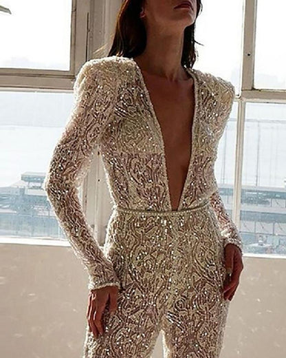 2021 spring and summer Popular trade fashion new women's clothing independent station V-neck sexy gold long-sleeved trousers sexy jumpsuit