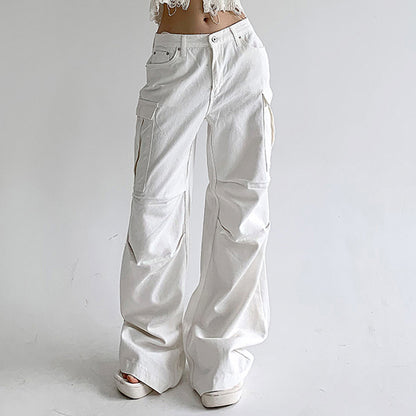 2025 Street Washed White Side Multi-Pocket Wide-Leg Jeans Women's Low Waist Loose Slimming Pleated Trousers Spring