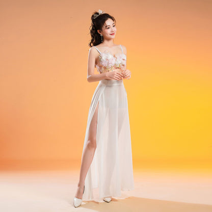 2025 G117/Night show women's sexy dress chiffon fairy gas perspective evening dress hand-sewn flower technician work clothes