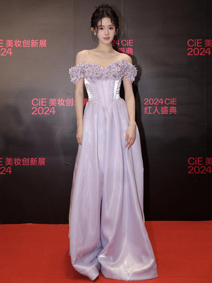 2025 Purple evening dress women's  new three-dimensional flower shoulder  dance dress host dress
