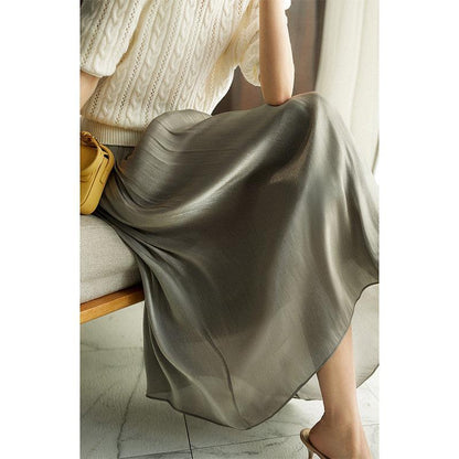 2025 Flowing silk strand milk pearlescent skirt  summer women's long A-shaped big swing skirt