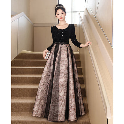 2025 Black evening dress women's 2025 new long-sleeved student art examination banquet temperament host  dress spring and autumn style