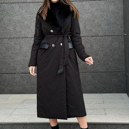 winter new European and American  cross-border fashion solid color fluffy lapel tie waist long cotton clothes women
