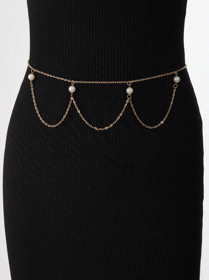 FB3370 2025 waist chain simple pearl joint cross wave fringe pendulum chain waist chain body chain