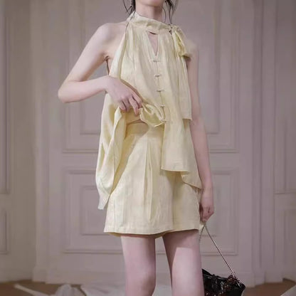 2025 Bamboo rhyme Zen, jasmine light yellow, Lyocell neck shirt + shorts set women's popular summer new