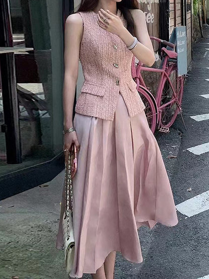 2025 Spot popular summer new fresh two-piece set collectible small fragrant top vest + skirt set