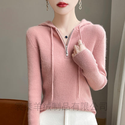 Half-zipper drawstring slim cashmere sweater women's pullover sweater autumn and winter solid color hooded wool knitted slim base