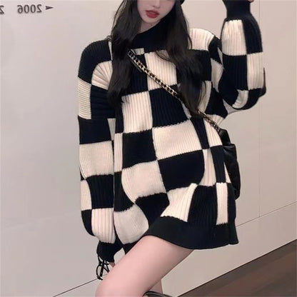 Checkerboard sweater women's autumn and winter design sense new top retro thin lazy wind pullover knitted sweater jacket