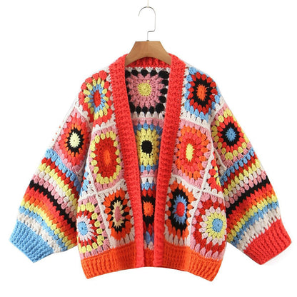 22 autumn and winter new European and American style fashion temperament women's clothing all handmade grandmother plaid loose cardigan knitted sweater
