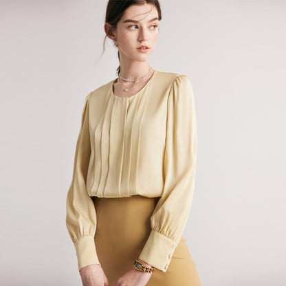 Silk shirt women's popular spring and summer new solid color round neck OL commuting 19 mmi elastic double Joe mulberry silk top
