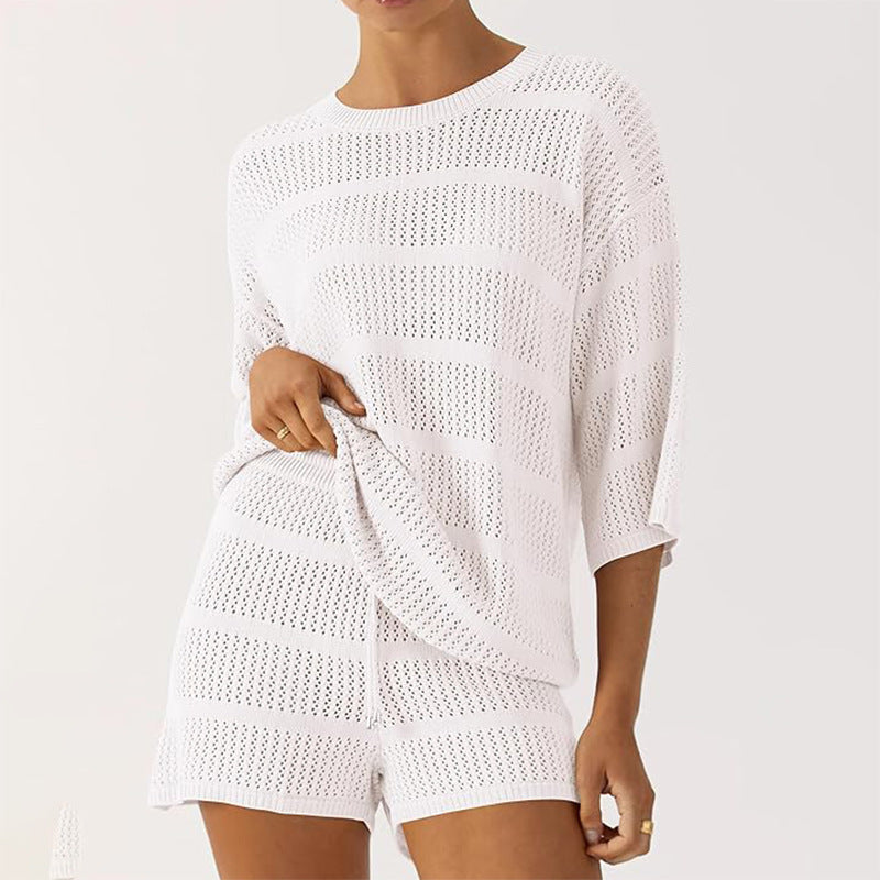 zllkl  European and American Style Women Summer 2-Piece Set Blouse Openwork Knitted Top Shorts Vacation Beach Casual Suit