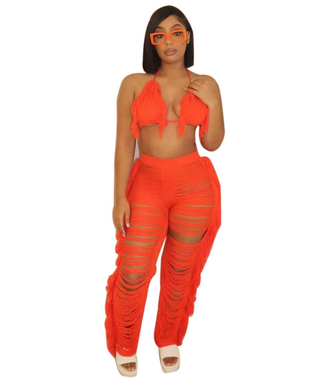 2025 supply New  women's clothing Solid color bikini fringed knitted beach pants suit Sexy and fresh