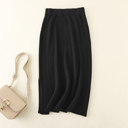 ZllKl New autumn and winter new casual knitted split skirt high waist elastic solid color inner with thin hip skirt women