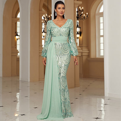 r 2025 temperament long-sleeved sexy long sequined V-neck banquet streamer evening dress bridesmaid dress women
