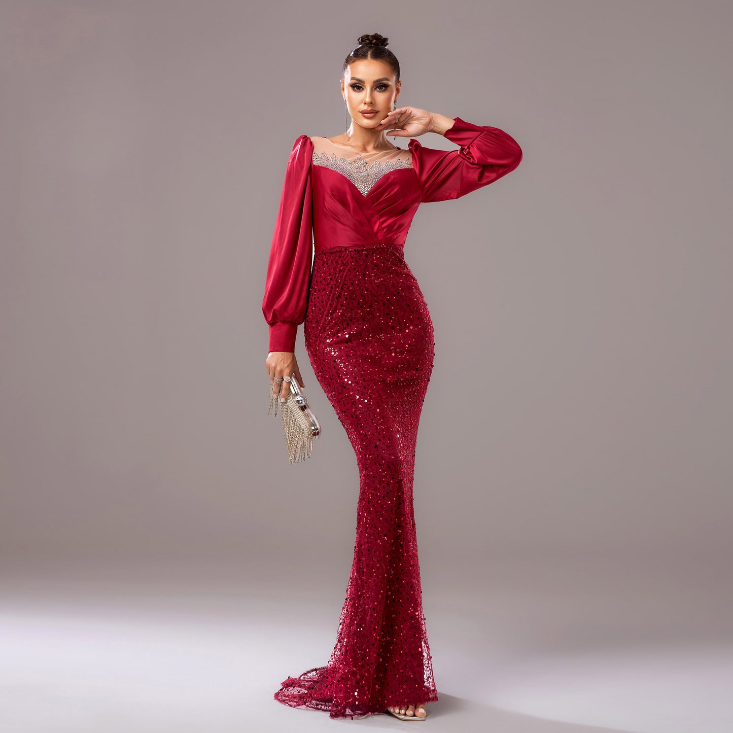 r 2025 new temperament long-sleeved crew neck banquet hip-wrapped hot diamond sequins evening dress bridesmaid dress women