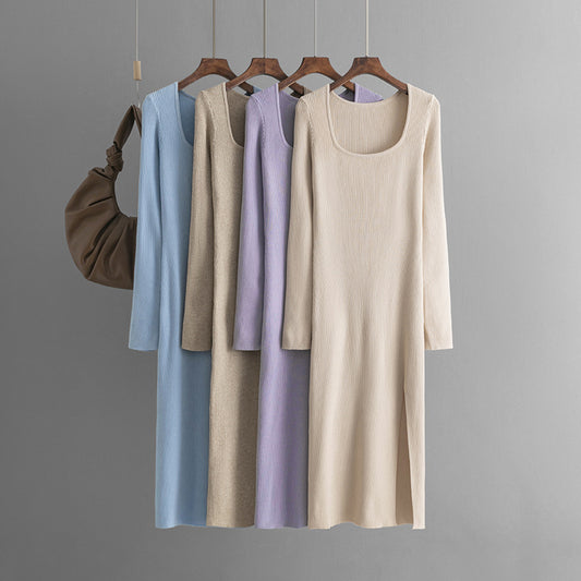 ZllKl New new autumn and winter solid color dress women's long dress slim temperament thin knitted backing sweater skirt