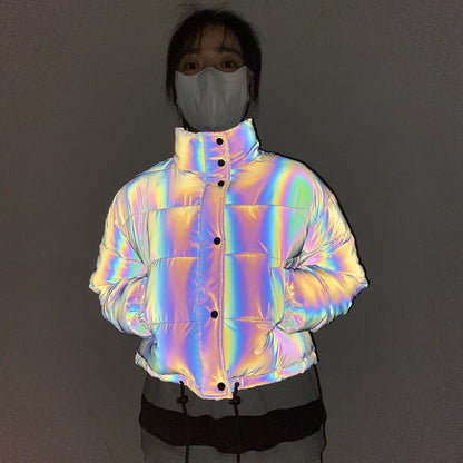2025 winter new product short stand-up collar colorful reflective cotton-padded clothes women's European, American cross-border  fashion laser cotton clothes
