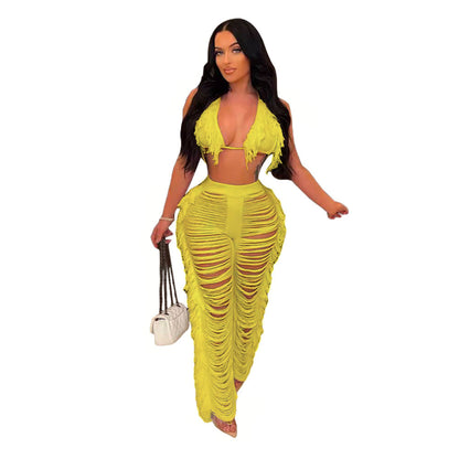 2025 supply New  women's clothing Solid color bikini fringed knitted beach pants suit Sexy and fresh